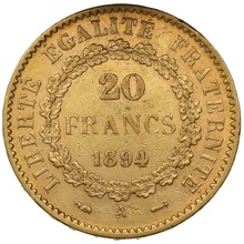1894 French 20 Francs Gold Coin Guardian Angel A