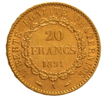 1891 French 20 Francs Gold Coin Guardian Angel A