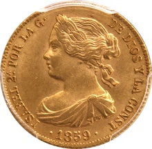1859 Spanish 100 Reales Gold Coin Isabel II Barcelona PCGS MS64