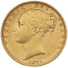 1870 Gold Sovereign - Victoria Young Head Shield Back - London