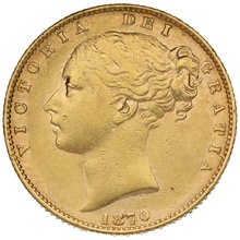 1870 Gold Sovereign Coin Queen Victoria Young Head Shield Back