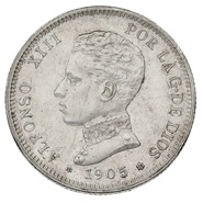 1905 Alfonso XIII Silver 2 Pesetas