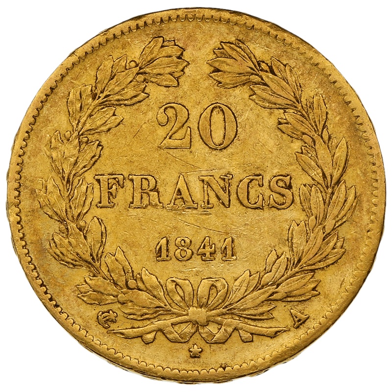 1841 French 20 Francs Gold Coin Louis-Philippe Laureate Head A