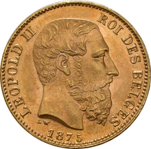 1870-1882 Belgian 20 Franc Gold Coin Leopold II Type 2