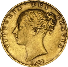 1847 Gold Sovereign - Victoria Young Head Shield Back - London