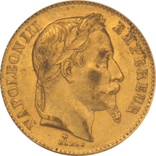 1867 20 French Francs - Napoleon III Laureate Head - BB PCGS MS62