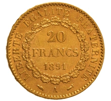 1891 French 20 Francs Gold Coin Guardian Angel A