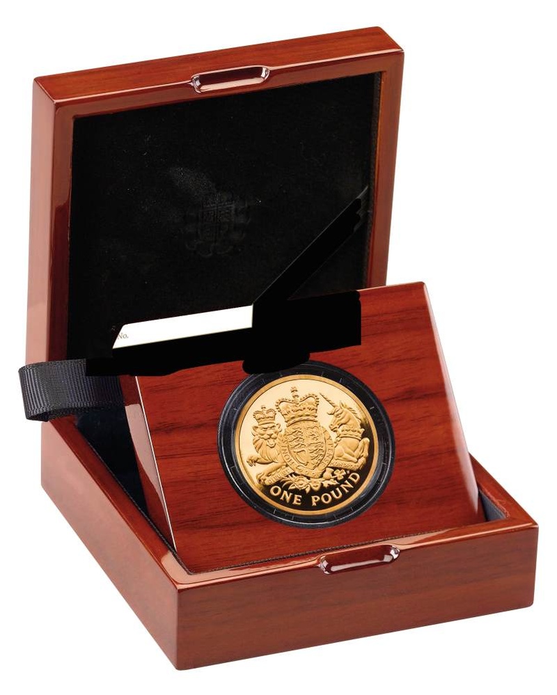 Gold Proof 2015 £1 One Pound Royal Arms Boxed
