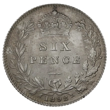 1892 Silver Sixpence Coin Queen Victoria