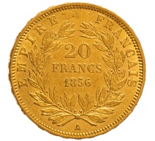 1856 French 20 Francs Gold Coin Napoleon III Bare Head A