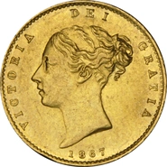 1867 Gold Half Sovereign Queen Victoria Young Head Shield Back NGC AU58
