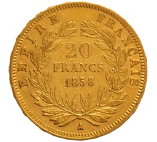 1858 French 20 Francs Gold Coin Napoleon III Bare Head A