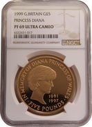 1999 Proof Gold Crown £5 Coin  Diana Princess of Wales Memorial NGC PF69