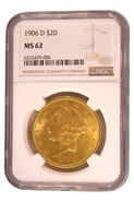 1906 $20 Gold Coin Double Eagle Liberty Head Denver NGC MS62