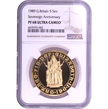 1989 Proof Gold £5 Coin Quintuple Sovereign 500th Anniversary NGC PF68