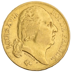 1824 French 20 Francs Gold Coin Louis XVIII Bare Head A