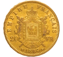 1864 French 20 Francs Gold Coin Napoleon III Laureate Head BB