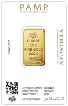 20g Gold Bar PAMP Lady Fortuna Minted