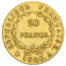 1806 French 20 Francs Gold Coin Napoleon I Bare Head A