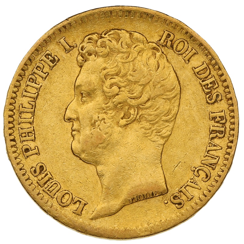1831 French 20 Francs Gold Coin Louis-Philippe Bare Head Incuse Rim Lettering A