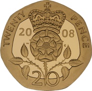2008 Gold Proof 20p Twenty Pence Piece Crowned Tudor Rose