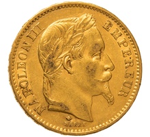 1868 20 French Francs - Napoleon III Laureate Head - A