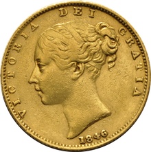 1846 Gold Sovereign Coin Queen Victoria Young Head Shield Back