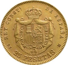 Spanish 25 Pesetas Gold Coin Alfonso XII Young Head