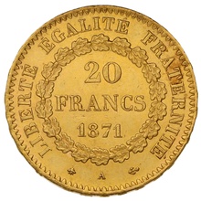 1871 French 20 Francs Gold Coin Guardian Angel A