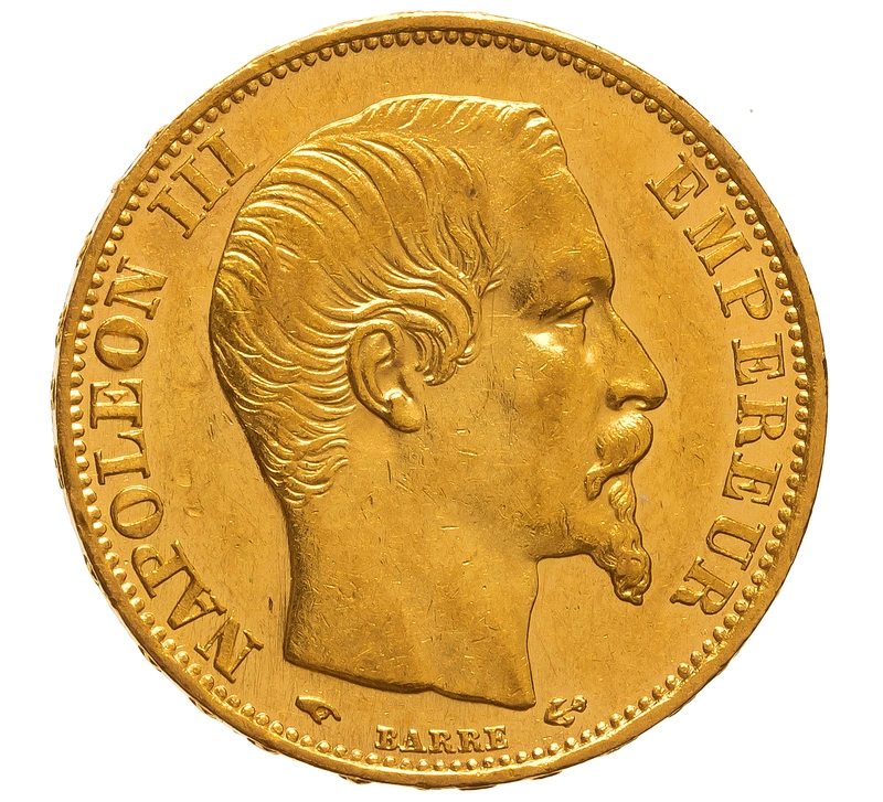 1859 French 20 Francs Gold Coin Napoleon III Bare Head A