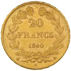 1840 French 20 Francs Gold Coin Louis-Philippe Laureate Head A