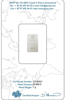 1g Platinum Bar PAMP Lady Fortuna Minted