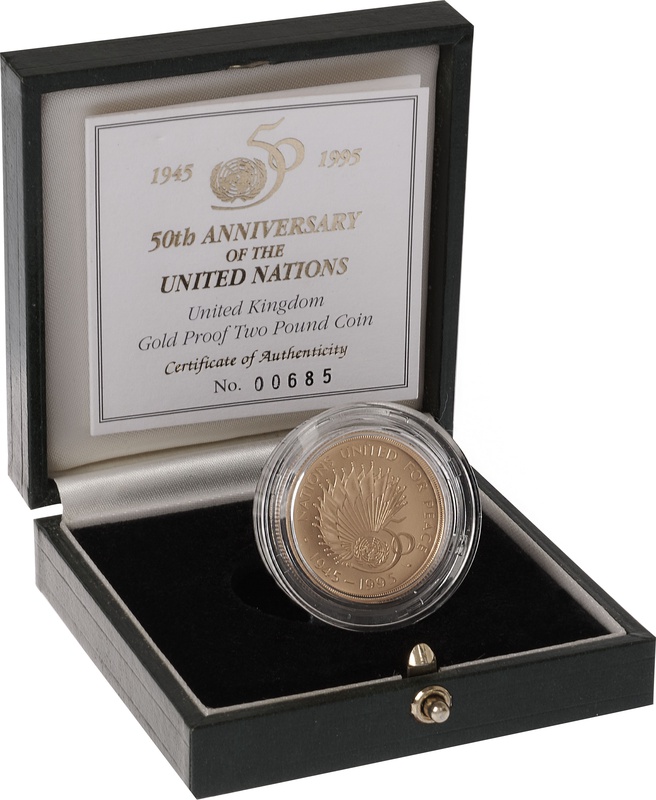 1995 £2 Two Pound Proof Gold Coin: United Nations 50th Anniversary Boxed