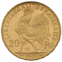 1905 French 20 Francs Gold Coin Marianne Rooster