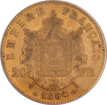 1864 French 20 Francs Gold Coin Napoleon III Laureate Head A PCGS MS62