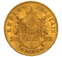1868 French 20 Francs Gold Coin Napoleon III Laureate Head BB