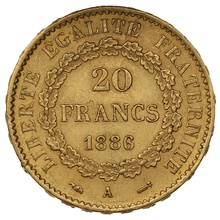 1886 French 20 Francs Gold Coin Guardian Angel A