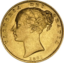 1861 Gold Sovereign - Victoria Young Head Shield Back - London