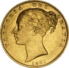1861 Gold Sovereign Coin Queen Victoria Young Head Shield Back