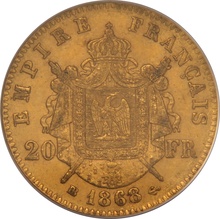 1868 20 French Francs - Napoleon III Laureate Head - BB PCGS MS62