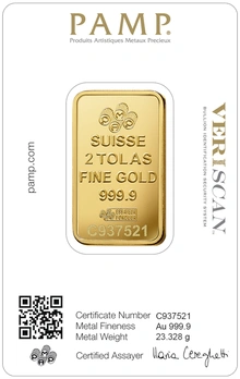 PAMP Lady Fortuna 2 Tola Gold Bar