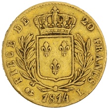 1814 20 French Francs - Louis XVIII Uniformed Bust - L