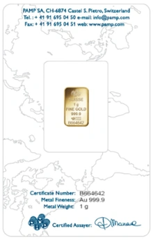 1g Gold Bar PAMP Rosa Minted