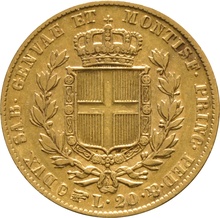 1834 Sardinian 20 Lire Gold Coin Carlo Alberto