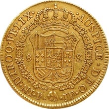 1792 Spanish 8 Escudos Gold Coin Charles IV