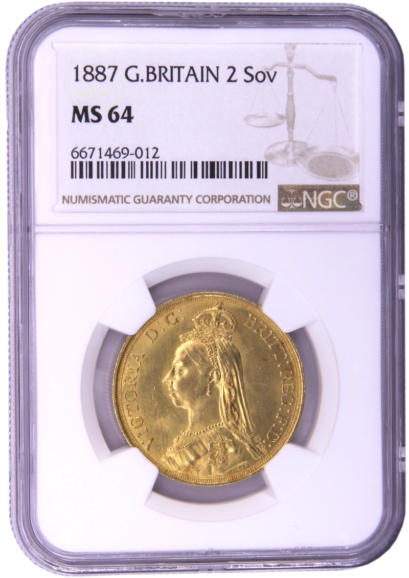1887 £2 Coin Gold Double Sovereign Victoria Jubilee Head NGC MS64