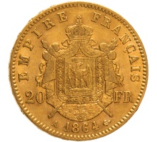 1864 20 French Francs - Napoleon III Laureate Head - A
