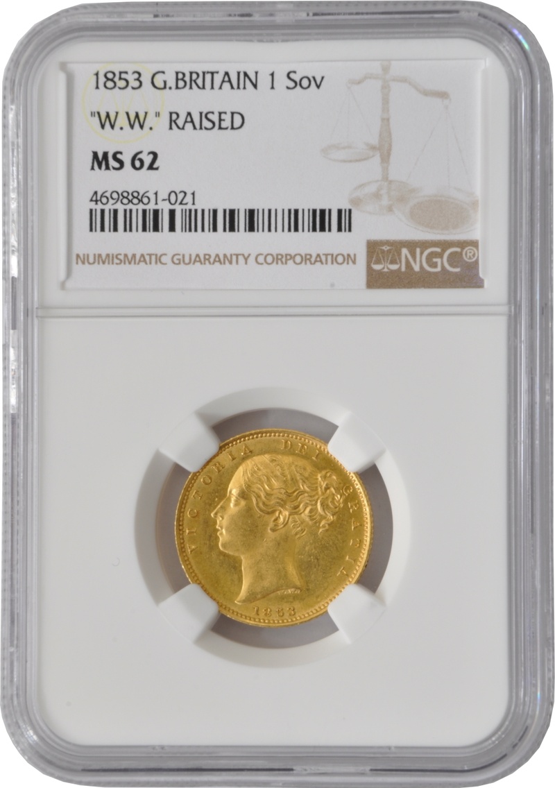 1853 Gold Sovereign - Victoria Young Head Shield Back - London NGC MS62