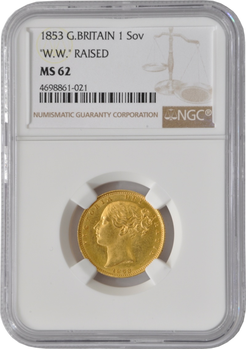 1853 Gold Sovereign Coin Queen Victoria Young Head Shield Back NGC MS62