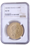 1869 French 100 Francs Gold Coin Napoleon III BB Strasbourg NGC AU58